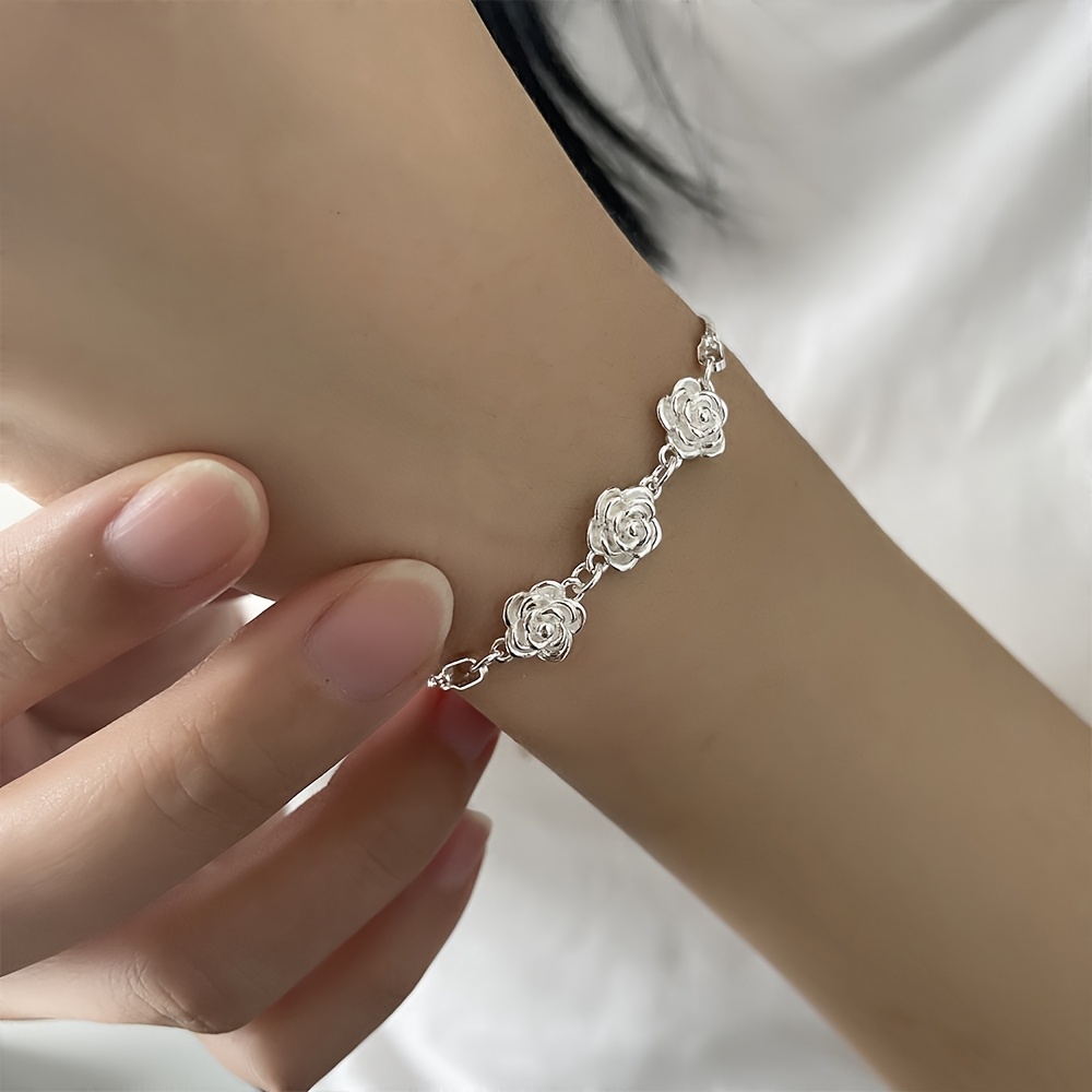 Handcrafted Silvery Rose Double Layer Pendant Bracelet